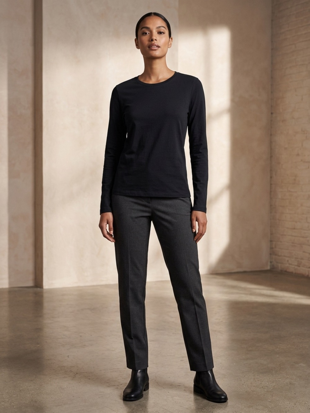 Joe Fresh Black Long-Sleeve Crewneck Top